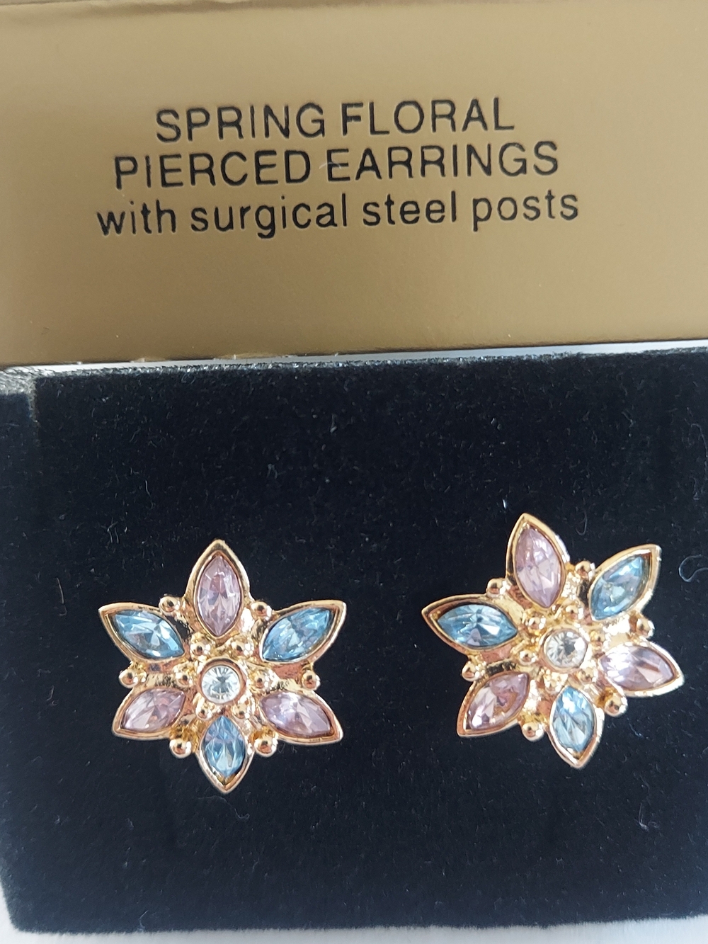 Vintage Avon Spring Floral Stud Earrings with Pink & Blue Stones
